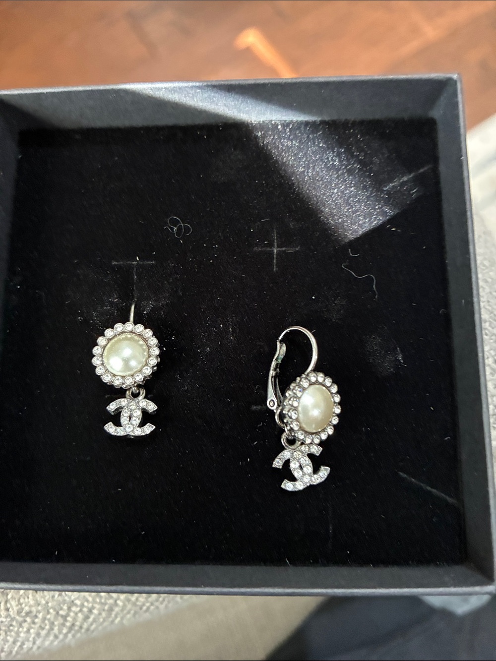 CHANEL Silver-Tone Pearl Drop Earrings with Crystal CC Logo